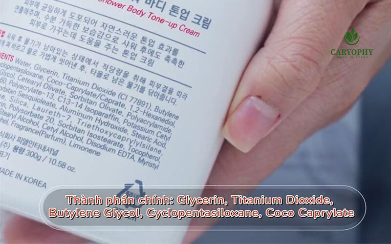 Thông tin thành phần trên mặt sau của  kem dưỡng body Hàn Quốc Caryophy